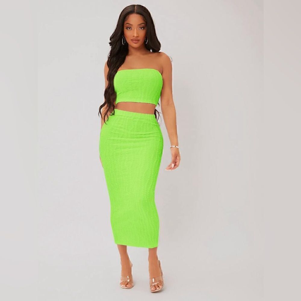 Trendy SHEIN SXY Neon Lime Textured Crop Tube Top & Pencil Skirt Set